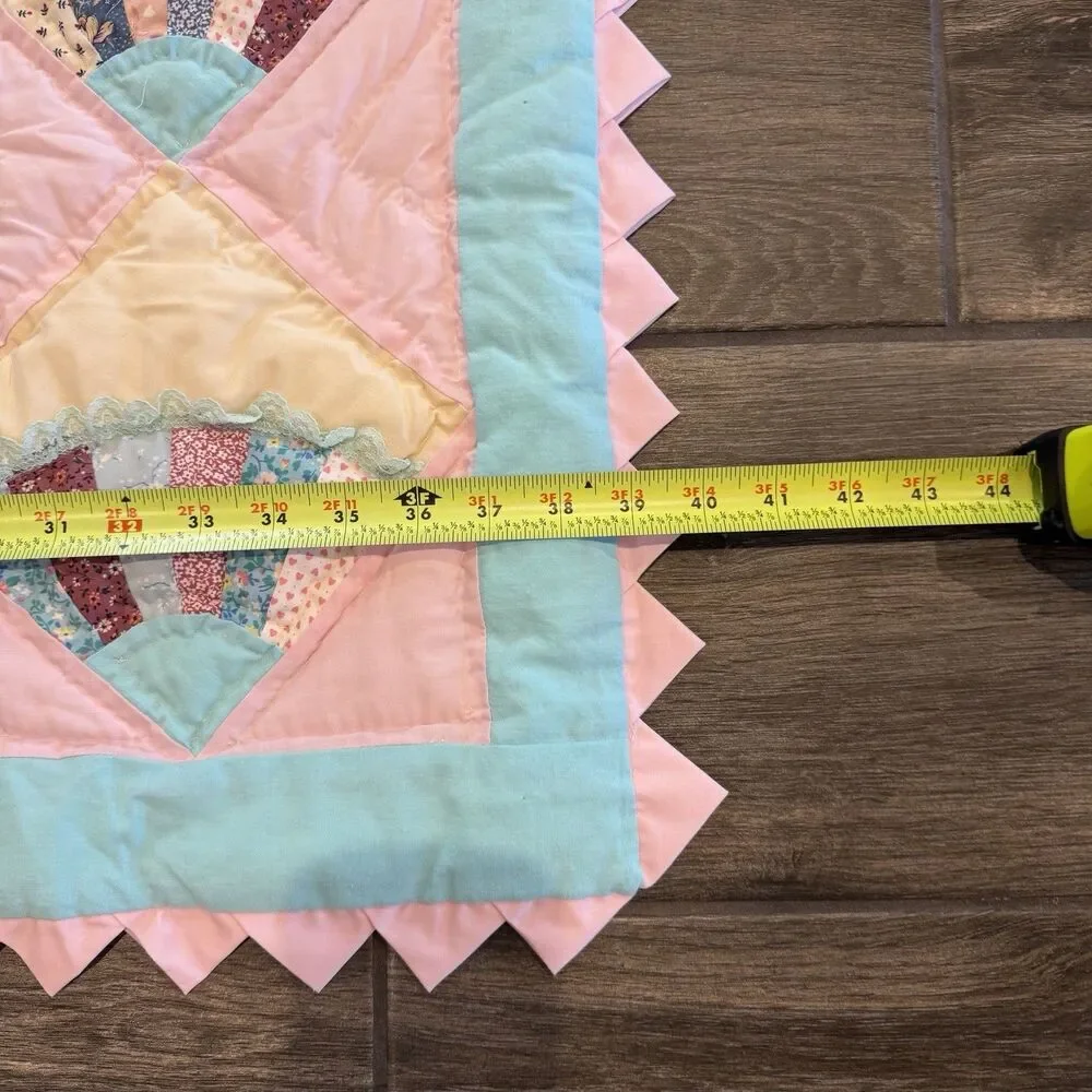 Handmade Pink & Blue Baby Fan Quilt Hearts Triangle Edges 48x39” Nursery Toddler
